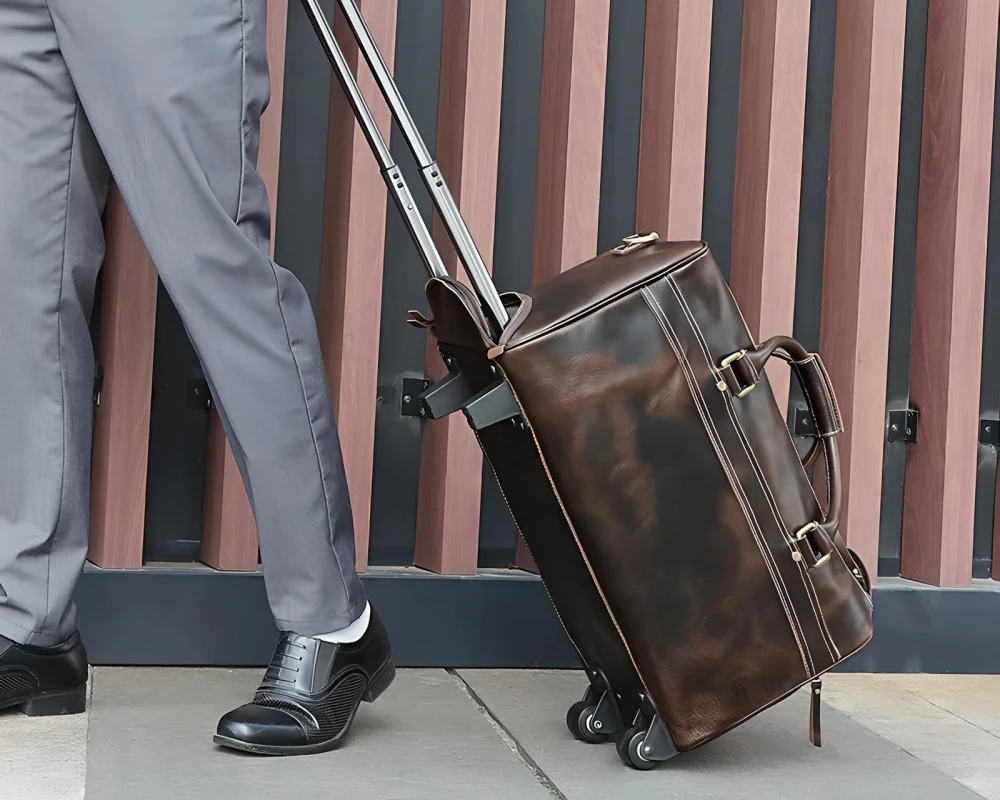 leather carry on duffel bag with wheels