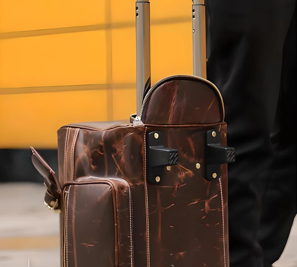 red leather carry on luggage
